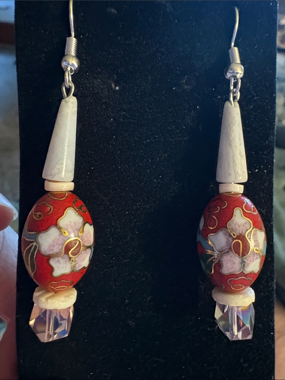 Handcrafted Red Floral Cloisonné Drop Earrings